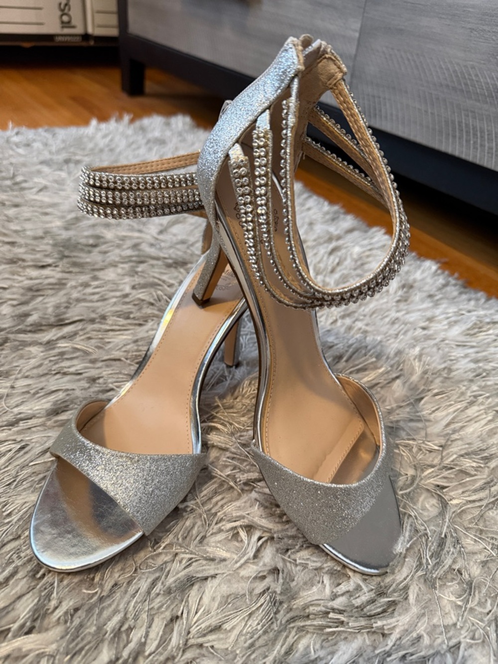 Silver Rhinestone Ankle-Strap Stiletto Heels